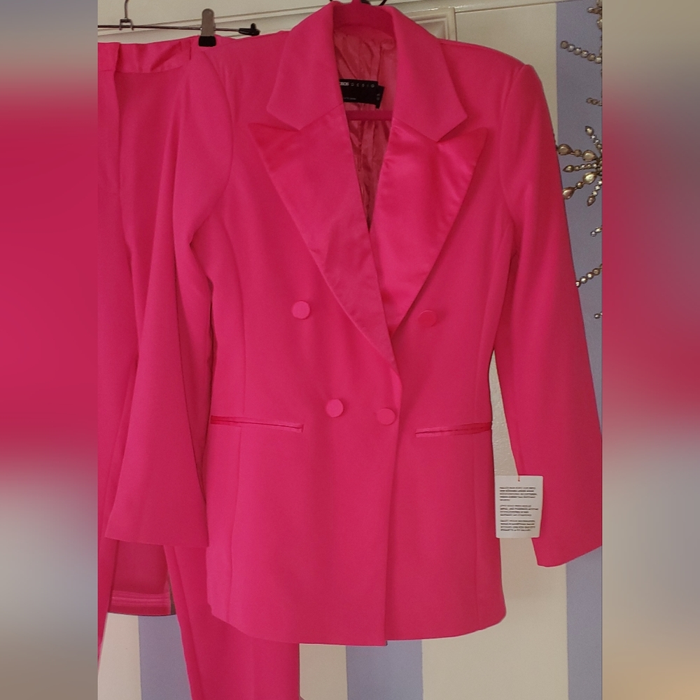 ASOS  zara HOURGLASS pink suit set satin blazer tux  pants size 4 SOLD OUT NWT